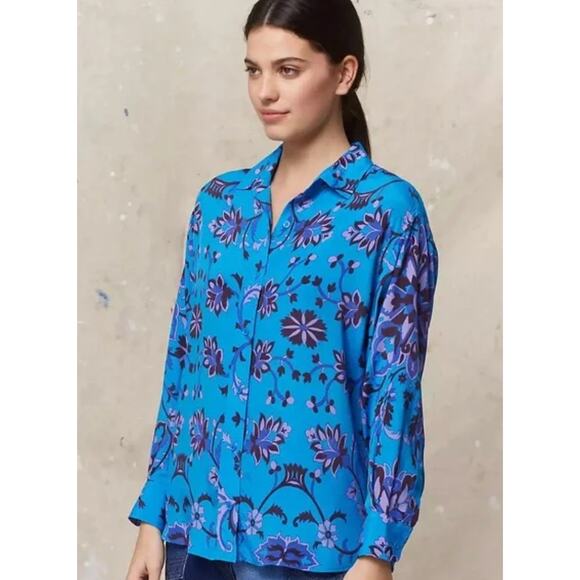 Gerard Darel Emile Floral Silk Button Up Blouse Turquoise FR 36 US 4 - Picture 1 of 9